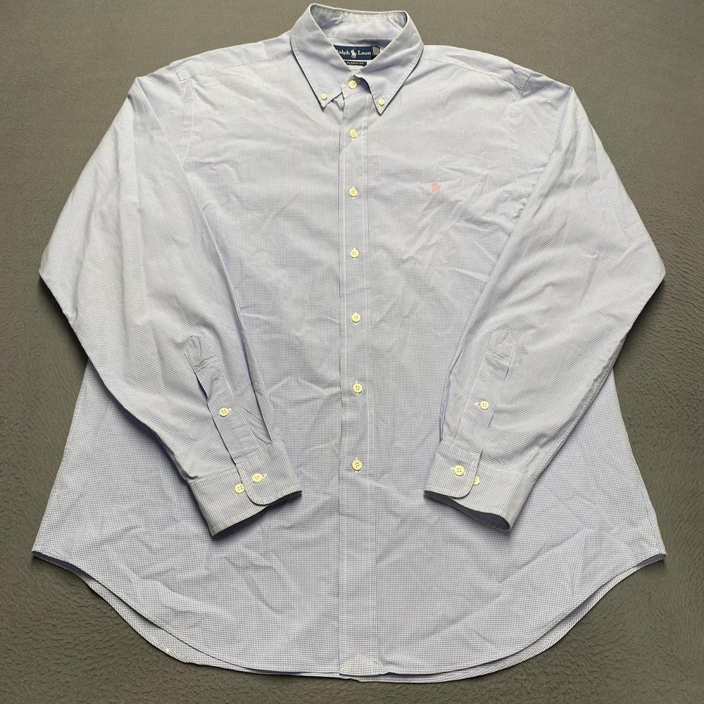 Ralph Lauren Shirt Mens 16.5 34/35 Blue Check Button Down Long Sleeve‎ Dress